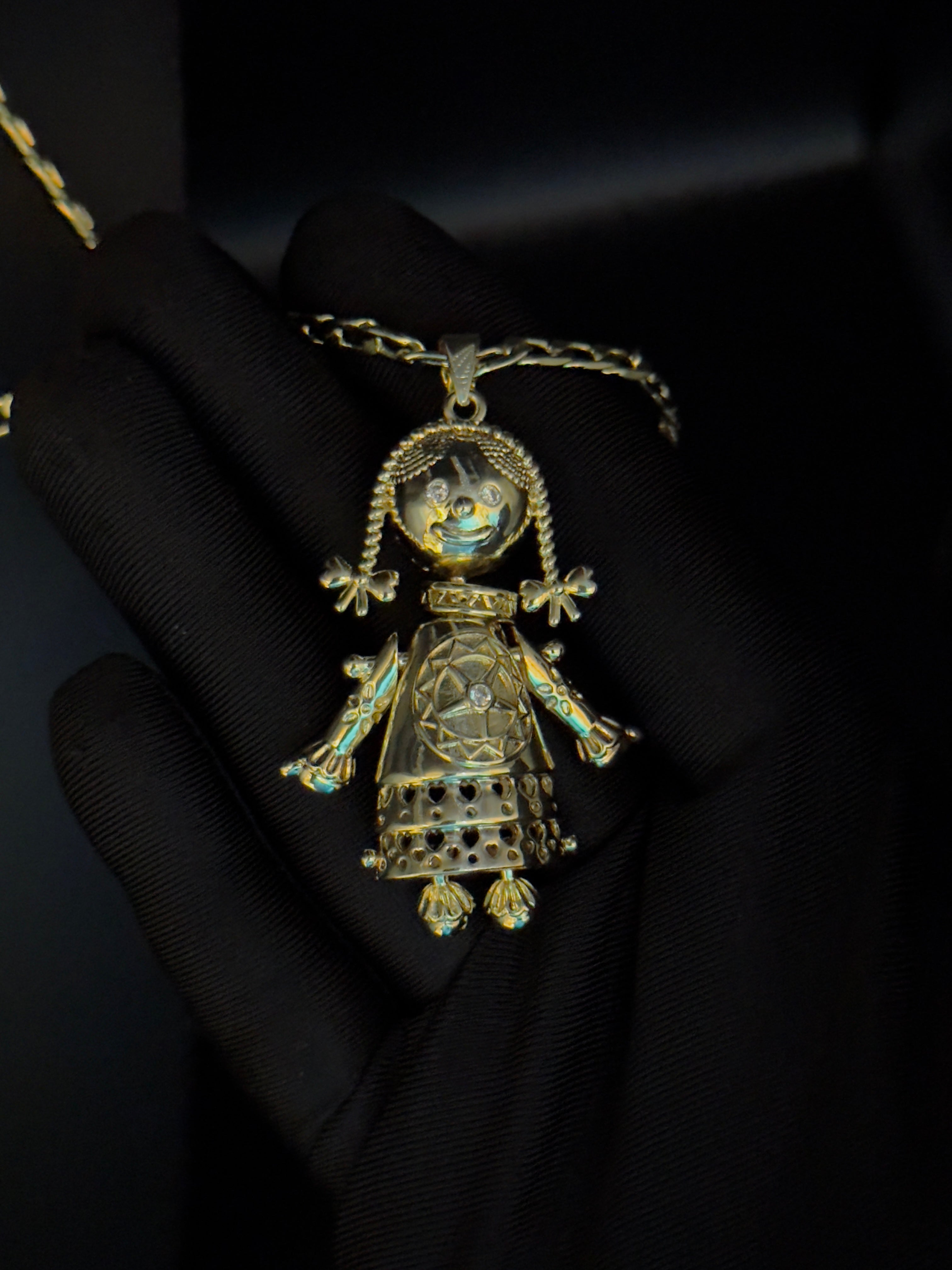 Gold Filled Rag Doll Pendant On 4mm Curb Chain