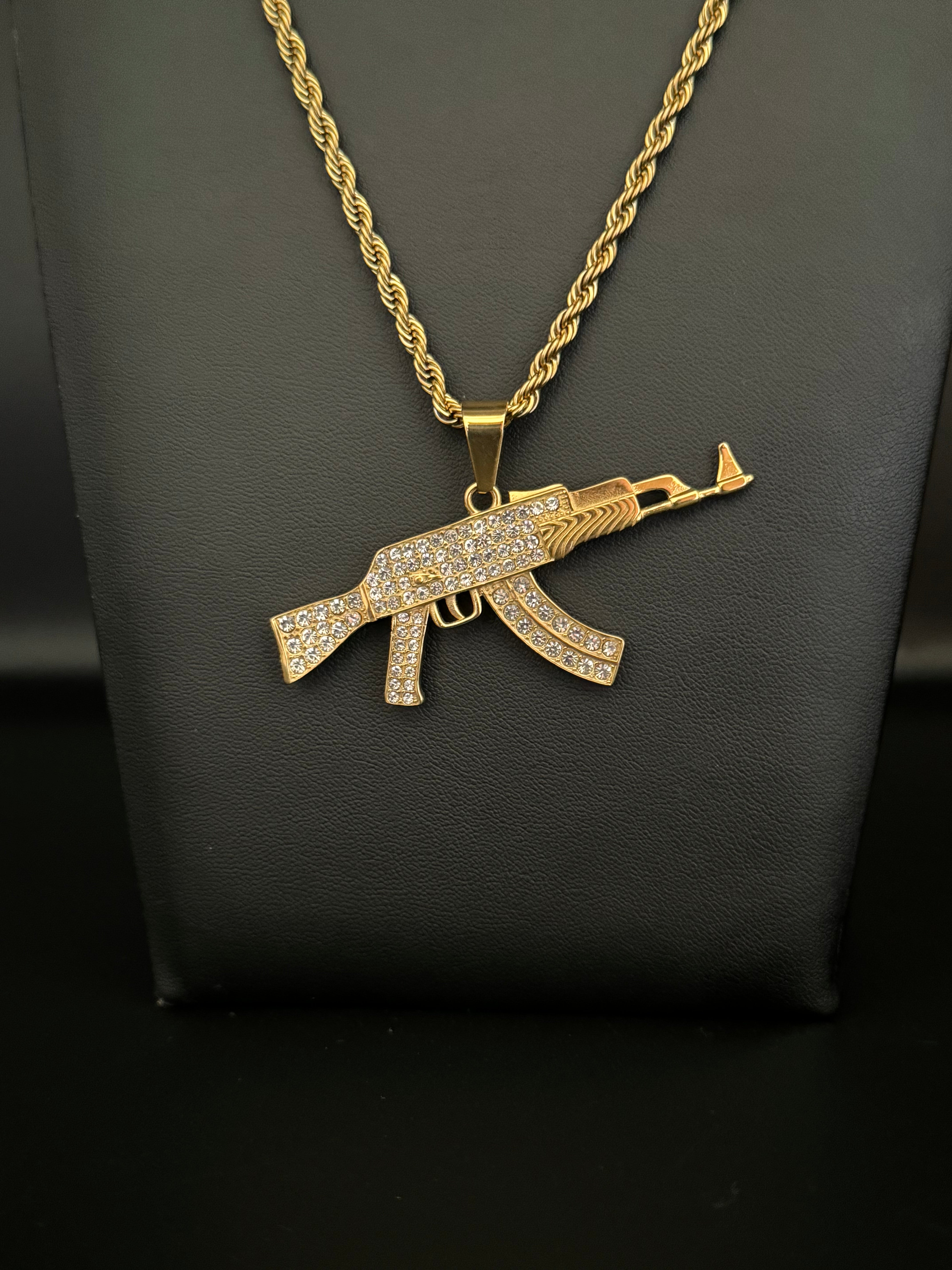 Gold Filled AK-47 Pendant On A 6mm Rope Chain