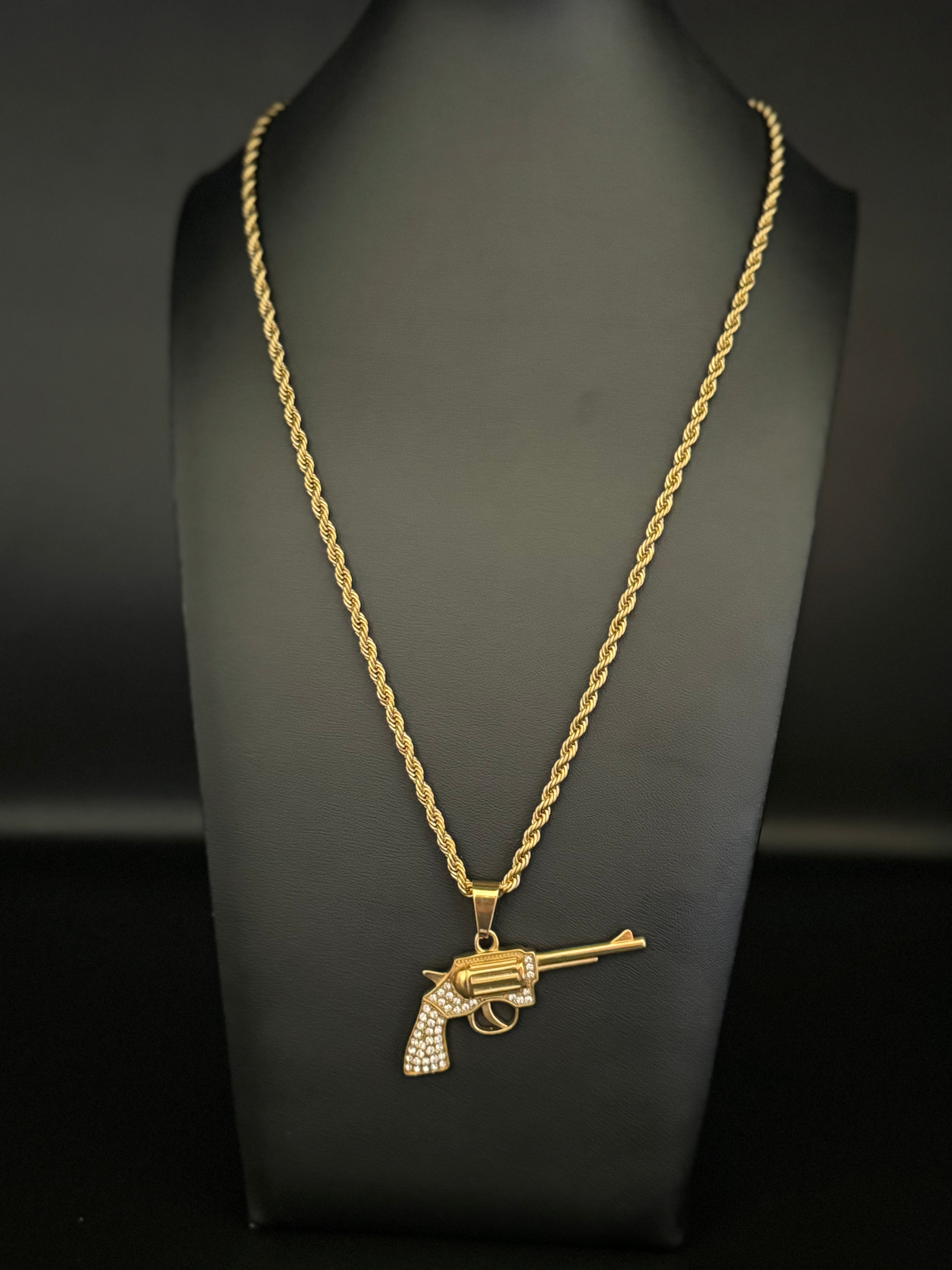 Gold Filled Revolver Pendant On A 6mm Rope Chain