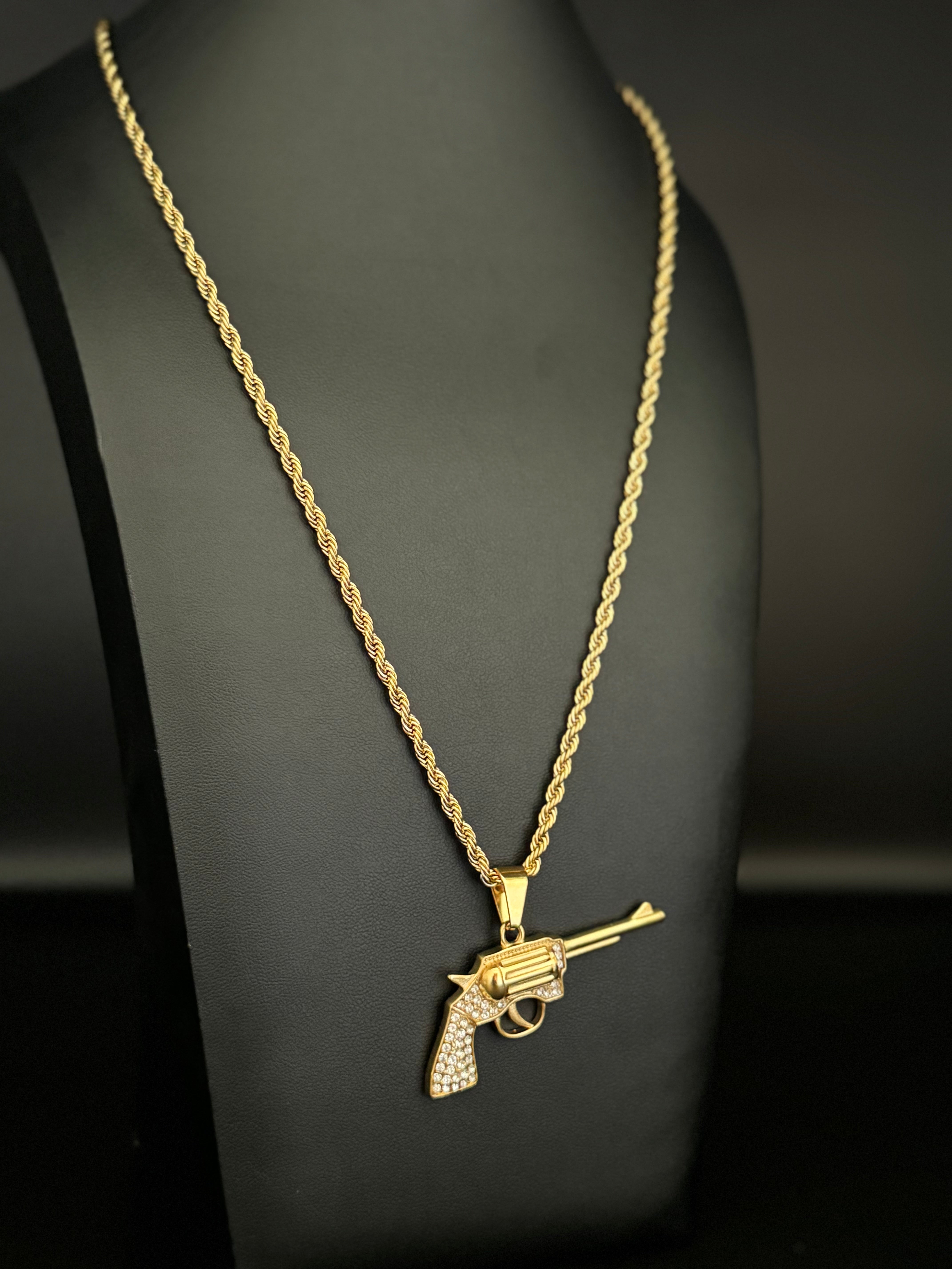 Gold Filled Revolver Pendant On A 6mm Rope Chain