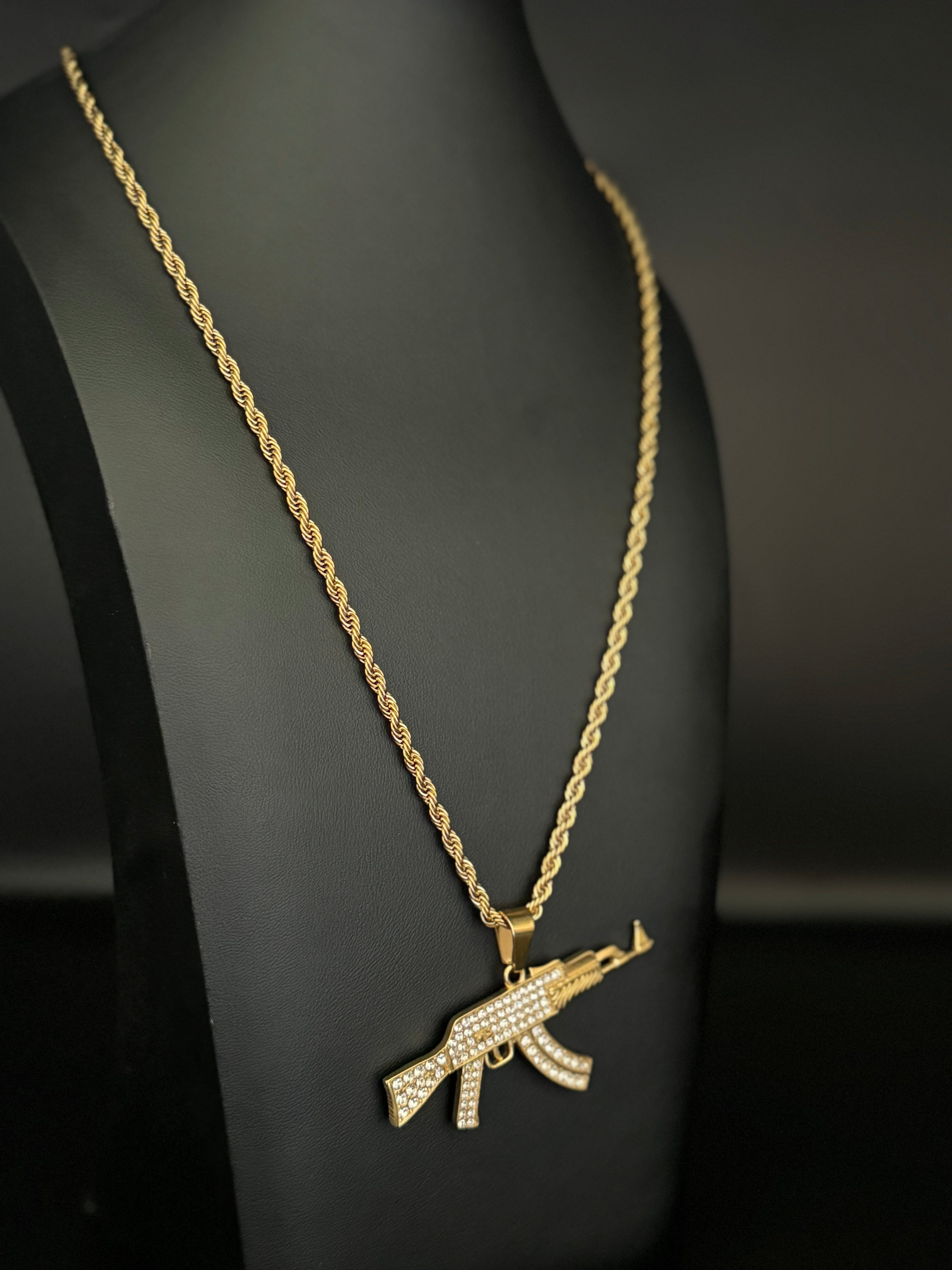 Gold Filled AK-47 Pendant On A 6mm Rope Chain