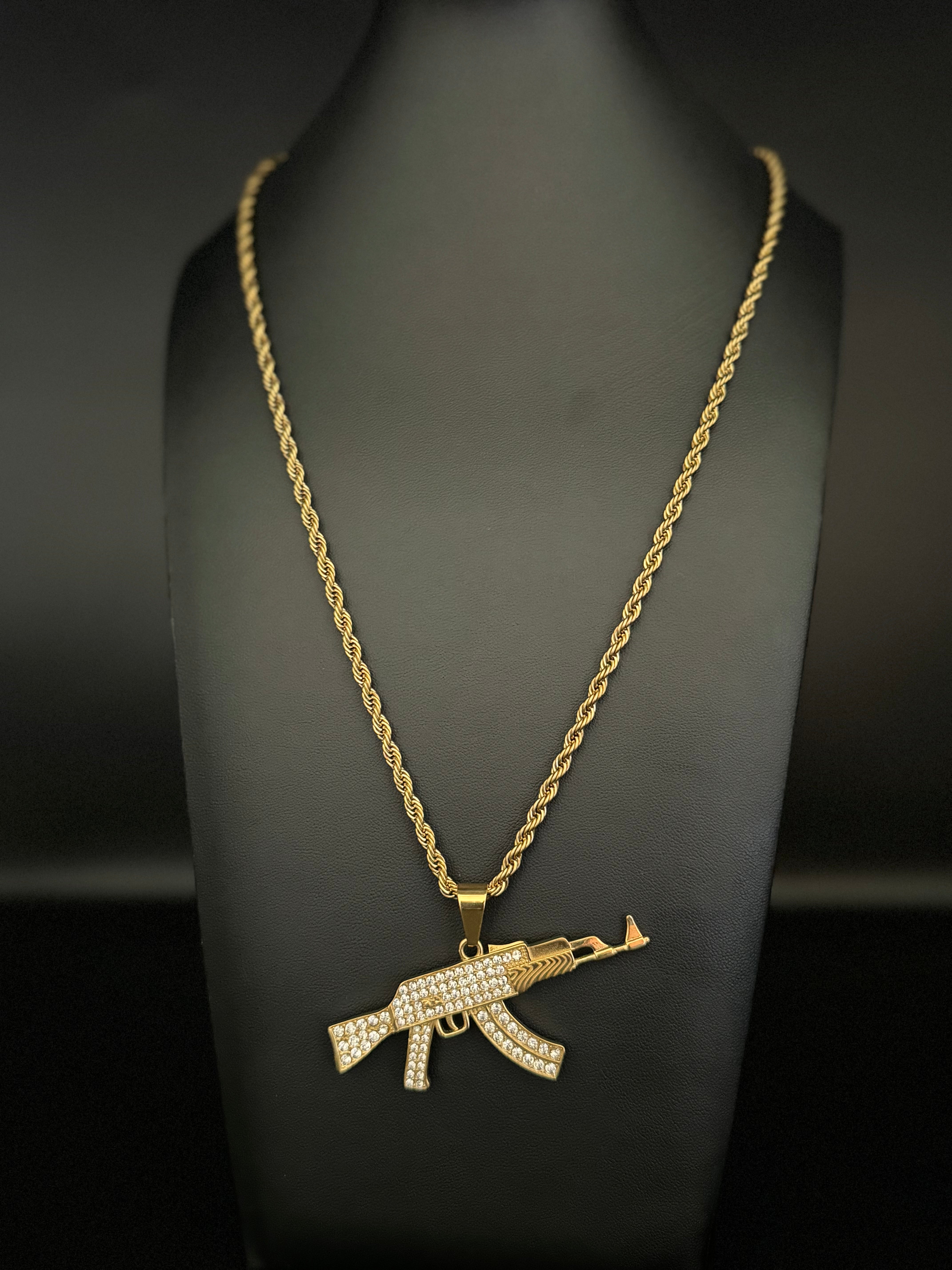 Gold Filled AK-47 Pendant On A 6mm Rope Chain